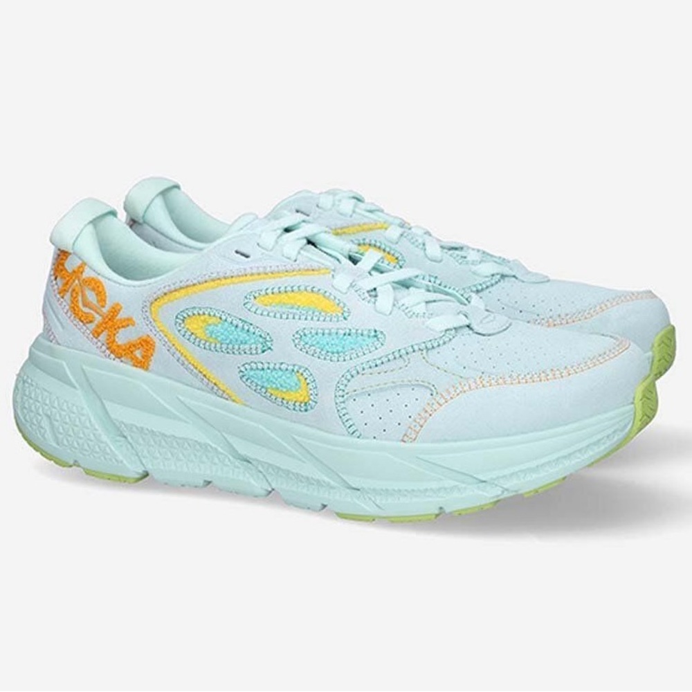 NWT Hoka Clifton Leather Embroidery UNISEX Shoes blue glass radiant yellow NEW - Picture 2 of 16